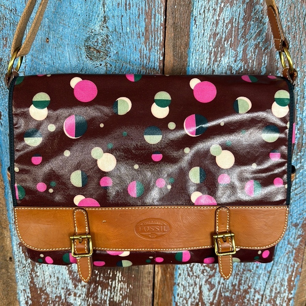 Fossil Burgundy Total Eclipse Coated Canvas Crossbody Laptop Tote Bag